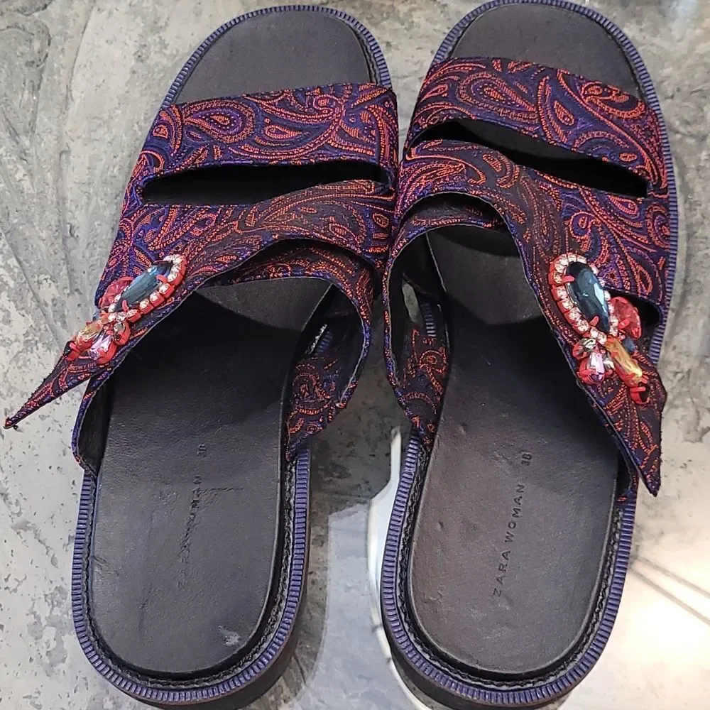 ZARA EMBROIDERED TRACK SOLE PURPLE  BAROK SANDALS JEWEL BROOCH 38 - Picture 6 of 8